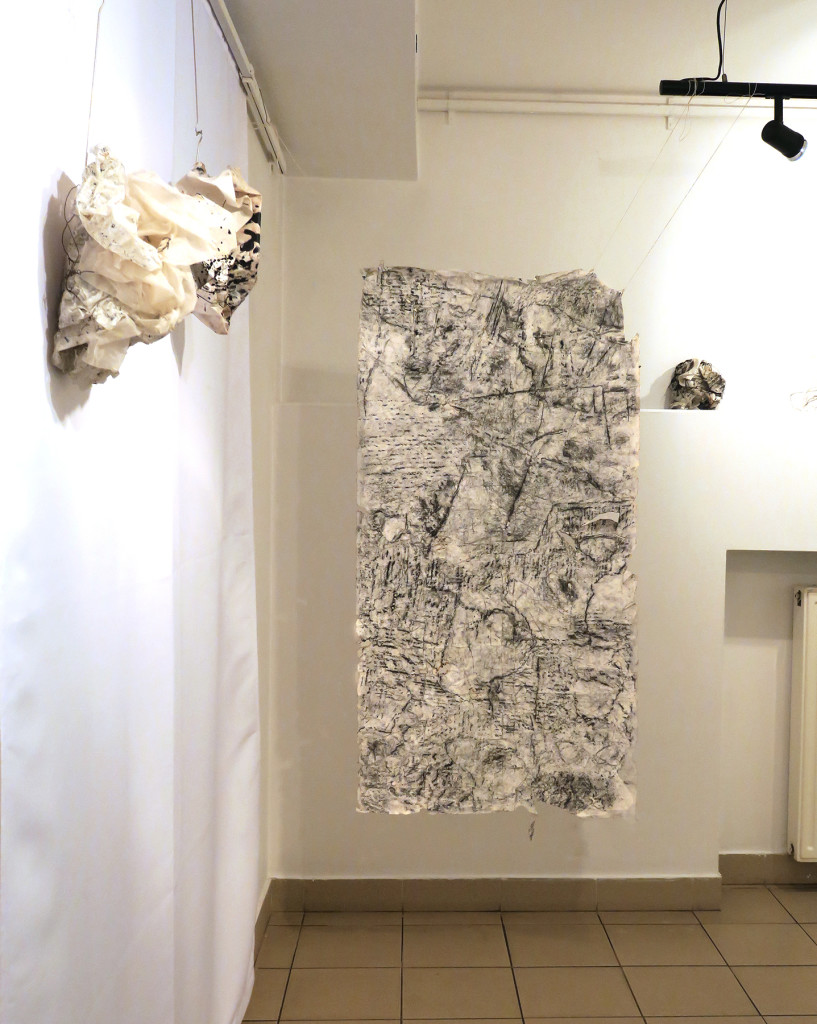 Gallery View_Aspire and Toil and Side view of Parse, Toss or Place paper wall sculptures